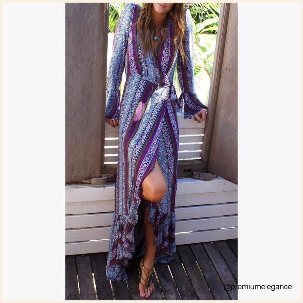 Long Sleeve Maxi Dress Wrap Tie V Neck Floral Boho Summer - Picture 7 of 7